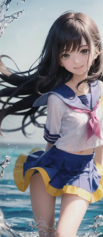 Layla (masterpiece), (highest quality), (Super detailed),(messy hair),(shape), (1 girl), detailed and beautiful eyes,delicate beautiful face,floating,(high color saturation),(colorful splashes),colorful bubble,(shining),focus on face, g;that&#39;cage, School,sailor suit,Mini skirt flipping,smile