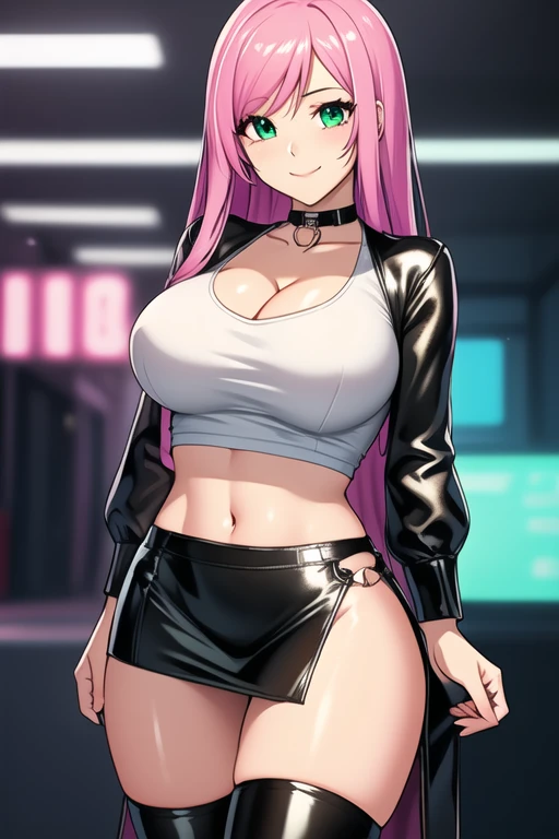 1 girl, 19 years old, Long pink hair, green eyes with slit pupils, master-piece, best quality, (standing up), (tight white shirt), (tight white v-neck crop t-shirt, black leather pencil mini skirt, patent leather high heel boots, cleavage), (Big , ultra gigantic , Super super big, Glamorous body), Make eye contact with the camera, front figure, looking forward, (light_Smile:1.5), (Detailed hands and fingers:1.2) (Cyberpunk City), (FULL BODYSHOT), thighs thighs thighs thighs、beauty legs、