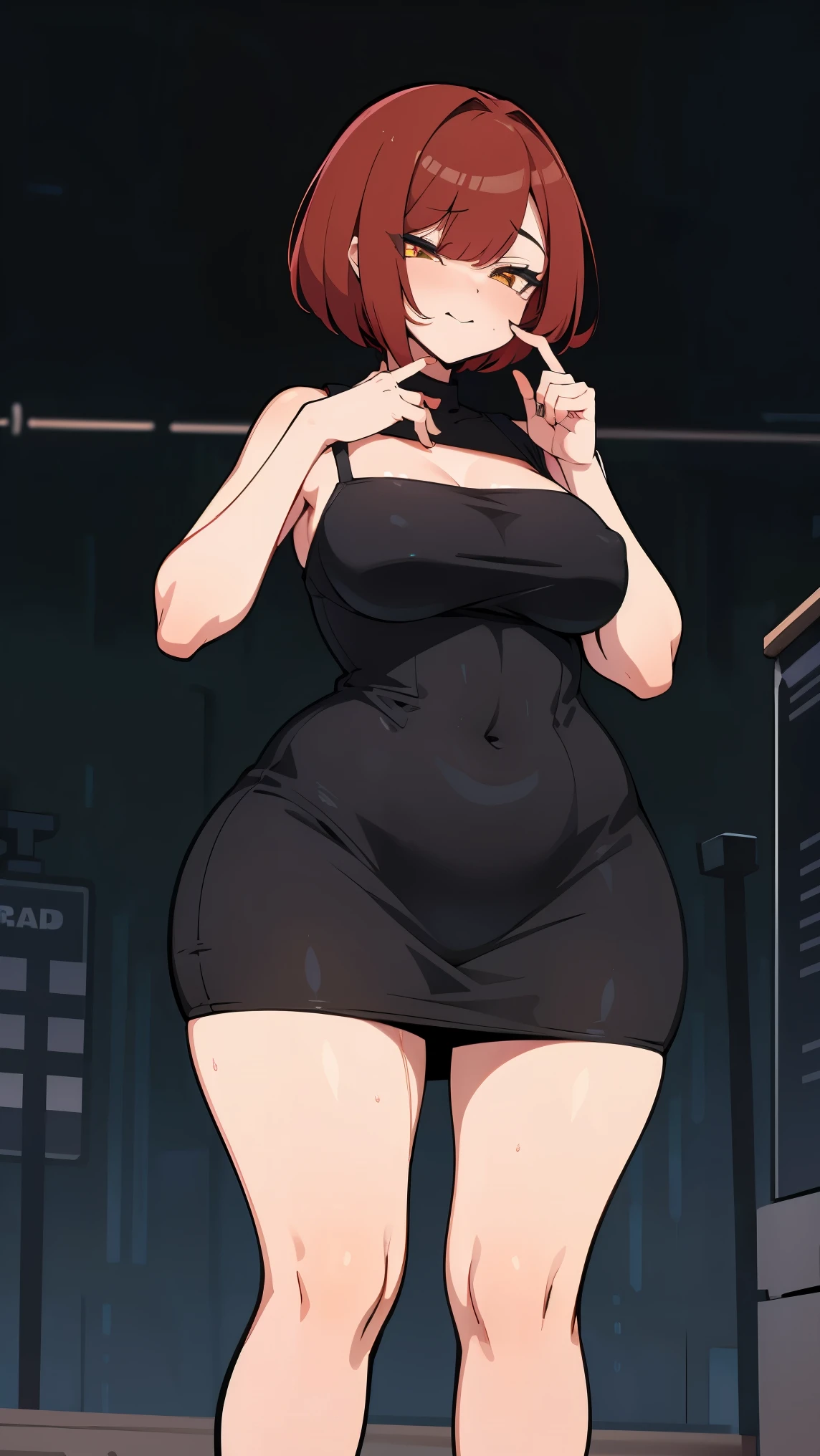 Young girl, red bob haircut, yellow eyes, Detroit city, rain falling. 4k, masterpiece, HD ((thicc)) ((huge tits)) good hands ((good Anatomy)) good face small black dress short hair covering eyes black lipstick long black glows sexy nsfw