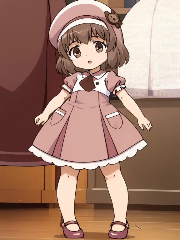 baby princess sakura, 1 girl, alone, have, brown hair, dress, brown eyes, short hair, shoes, shoes下, full body, kneeexpensives, mary janes, short sleeve,  Put your own hands together,  Are standing, tie, looking at the viewer, brown dress, plump sleeves,
house room,
 masterpiece, expensive quality, very_expensive_solve, big_file size, full color,