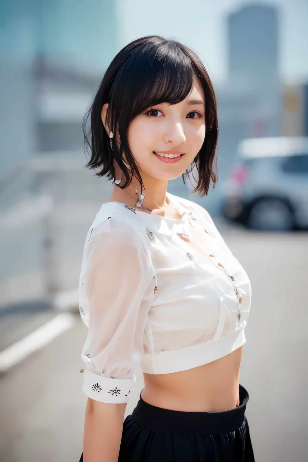 1girl, (wearing a cropped top:1.2),(RAW photo, best quality), (realistic, photo-realistic:1.4), masterpiece, an extremely delicate and beautiful, extremely detailed, 2k wallpaper, Amazing, finely detail, extremely detailed CG unity 8k wallpaper, ultra-detailed, highres, soft light, beautiful detailed girl, extremely detailed eyes and face, beautiful detailed nose, beautiful detailed eyes,cinematic lighting,(in the city:2.0),perfect anatomy,(slender body:1.0),(close up face:1.6),(gentle smile,Friendly , warm:2.0),(looking at viewer:1.8),(japanese idol:1.8),(wavy shoulder length hair:2.4), (brown eyes:1.8),(standing:2.0), 