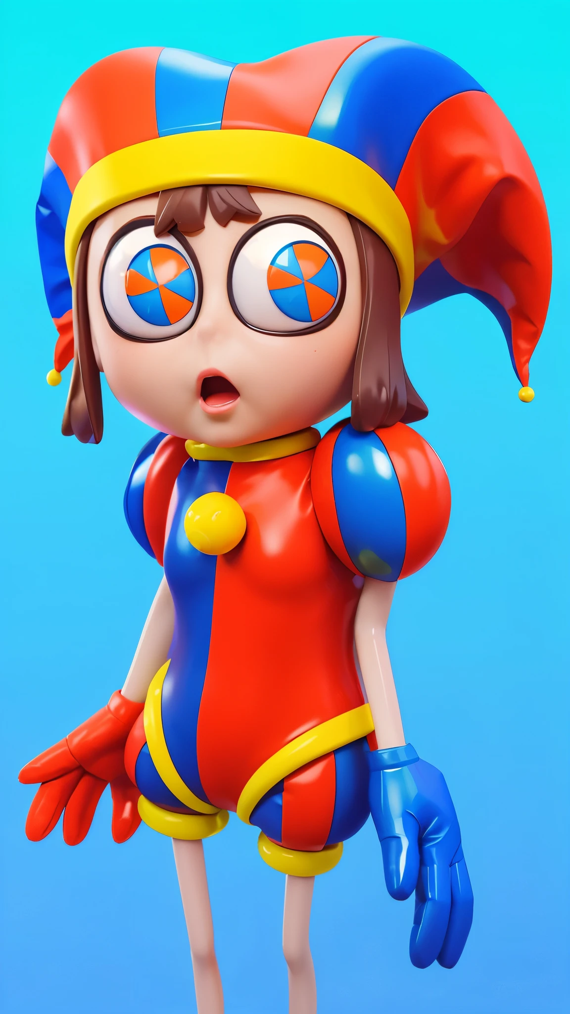 The image depicts a 3D character of a girl dressed in multicolored jester attire. She has a large red bow on her head, and her eyes are wide with surprise. She has her mouth open and appears to be pointing to the left. The background is a solid blue.Stylized 3D, chewing body, stylized character, 3D character, 3rd character A blue character with a hat, a sad face, and a yellow bow tie is standing in front of a purple door. It has two golden loops around its body. there is a blue-orange daddy long legs in a hat and a yellow rope, iconic character with high detail, 2 d illustration, 2D illustration, stylized digital illustration, art of mobile games, in the elevator, Digital illustration -, Game illustration, mobile game background, 2d digital illustration, evil. bright colors. Cute, blue daddy long legs toy, glossy texture, smooth 3d model, A character head, wearing a pink dress and a crown, 3D icon for mobile game, cartoon key frame rendering, Cute 3D рендеринг, Friendly cat, Shiny metallic, zbrush color rendering. perfect cgi, cgi art created only with gradients, smooth silhouette, high intensity refraction, (plastic material), most beautiful vfx, blue background, plastic refractions, pink mommy long legs toy, glossy texture, smooth 3d model, multiple light sources, rim light, sharp post effects render, (glossy plastic texture with multiple big light probe refractions), perfect cgi, cgi art created only with gradients, smooth silhouette, high intensity refraction, (plastic material), most beautiful vfx, blue background, plastic refractionsмультяшная young woman в красной юбке и синей рубашке, Чаки style, animated character, dancing character, 3rd character render, April render, 3rd character art, 3rd character, 3D character, Cartoon character, young woman, 3D rendering of characters 8k, Tuni, 3D rendering stylized