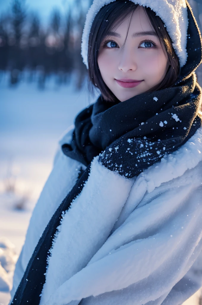 1 girl, (Winter clothes:1.2), beautiful japanese actress,
Looks great in photos, Yukihime, long eyelashes, snowflake earrings,
(Raw photo, highest quality), (reality, realistic:1.4), (pieces fly),
detailed and beautiful eyes, beautiful detailed lips, highly detailed eyes and face,
Blake is
(Frozen snow field in winter Lapland), (The last vestiges of the twilight sky:1.4),
mysterious beauty, snow covered tree, powder snow,
Snowy field landscape at dusk,
Indigo and dark vermilion color scheme, dramatic lighting, great atmosphere,
Blake is
Perfect Anatomy, Whole body slender, small breasts, (short hair:1.3), Angel'the smile of,
crystal-like skin, make eyes clear, catch light