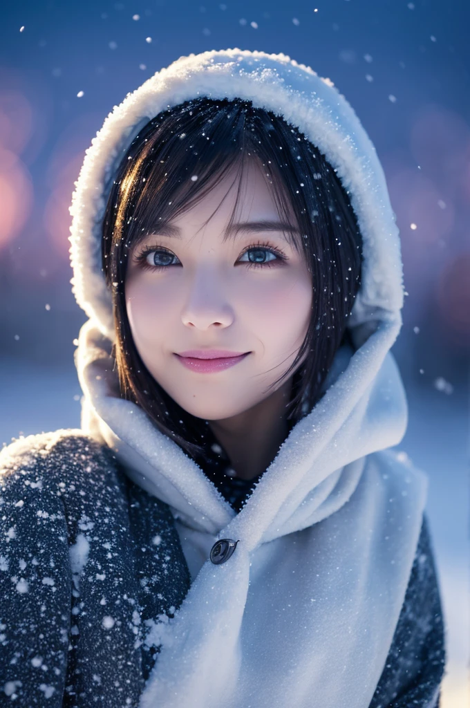 1 girl, (Winter clothes:1.2), beautiful japanese actress,
Looks great in photos, Yukihime, long eyelashes, snowflake earrings,
(Raw photo, highest quality), (reality, realistic:1.4), (pieces fly),
detailed and beautiful eyes, beautiful detailed lips, highly detailed eyes and face,
Blake is
(Frozen snow field in winter Lapland), (The last vestiges of the twilight sky:1.4),
mysterious beauty, snow covered tree, powder snow,
Snowy field landscape at dusk,
Indigo and dark vermilion color scheme, dramatic lighting, great atmosphere,
Blake is
Perfect Anatomy, Whole body slender, small breasts, (short hair:1.3), Angel'the smile of,
crystal-like skin, make eyes clear, catch light