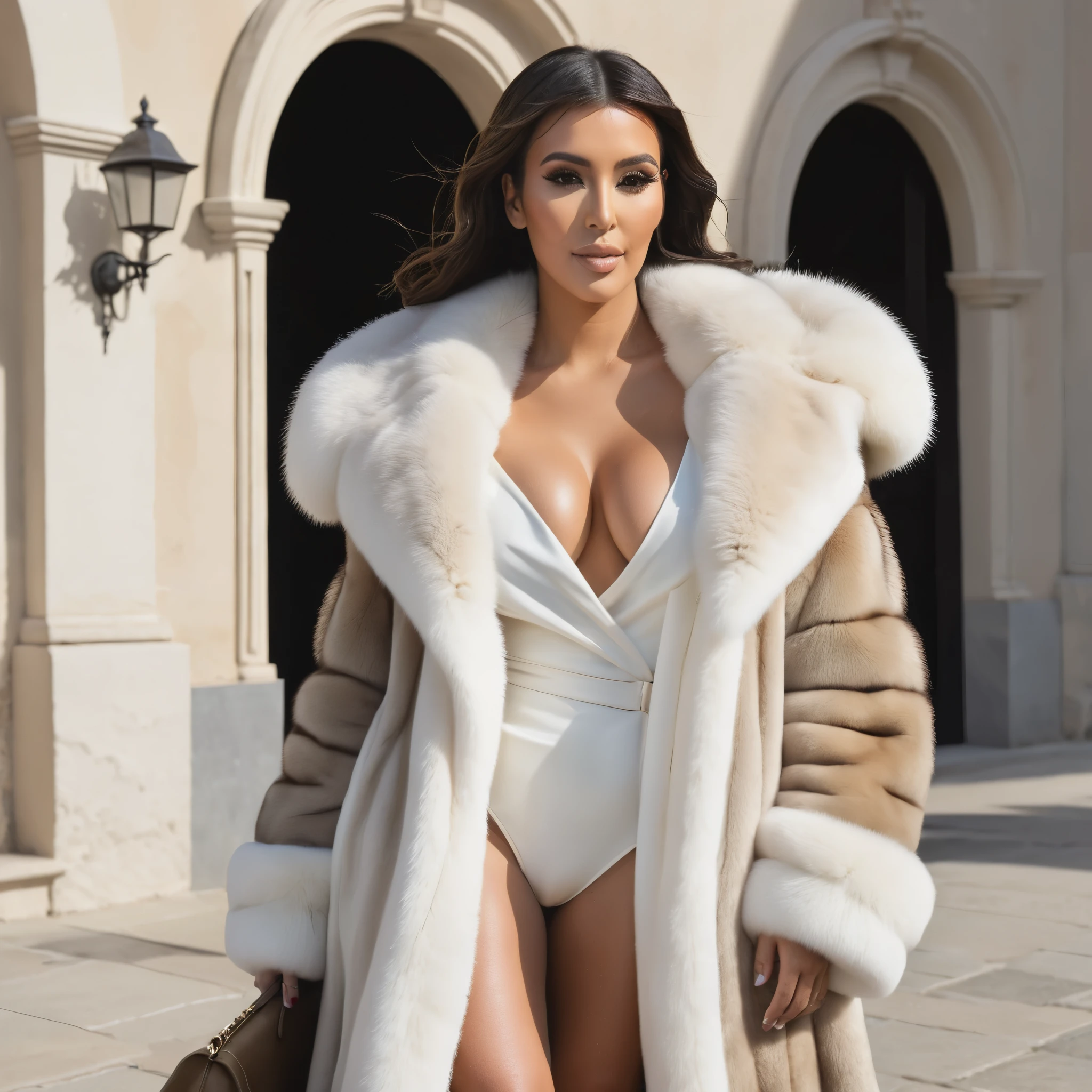 A very wide and very thick, very long sand mink fur coat, fifty centimeters thick, duveteux, naturel, with an ultra thick white and sand mink fur collar, three layers, sur Kim Kardashian, fully nude front view, bare shoulders, and two large breast discovered by the fur, descend d'une Rolls Royce, en haute résolution de la plus high quality、,Photo 8K HDR), Realistic texture, realistic shadows