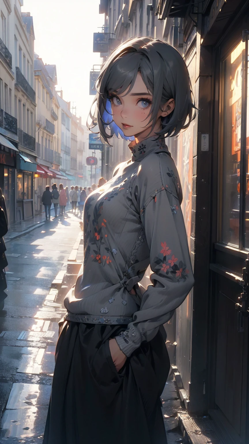 (Highly detailed CG unit 8k wallpaper, masterpiece, High resolution, highest quality, natural skin texture), Composition from head to stomach:1.5, (20 year old woman, Hands in pockets pose:1.3, smile, detailed eyes, gradient eyes), (Stalgic and inorganic fashion, detailed costume, fine embroidery, Mock neck pullover sweater, Ash gray asymmetrical short hair:1.5), (Backstreets of Paris:1.3, Colourful flower beds along the road, cinematic lighting), high contrast, hyper realistic, digital painting, concept art,