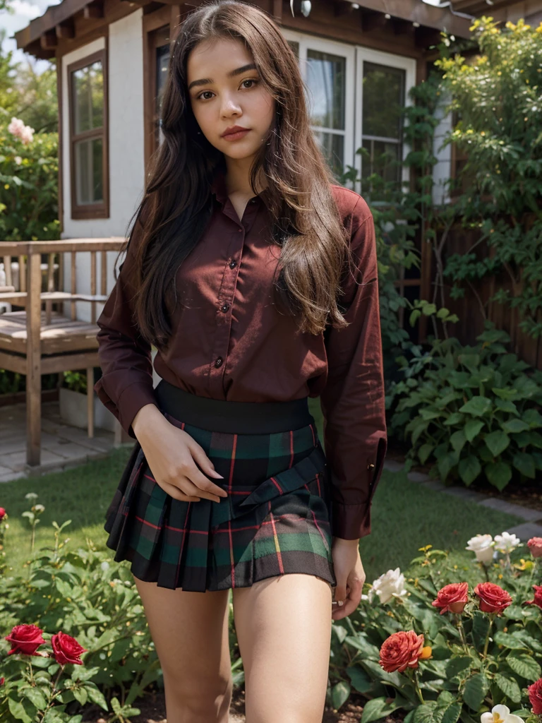 Young 15-year-old India Eisley, round, slightly plump face, Spanish type of beauty, long curly black hair, red lipstick, bored expression, contemptuous look, dark red shirt (dark red shirt: 1.2) break, black miniskirt with green plaid ((plaid skirt 1.3)) break, mesh tights. He stands and looks around the garden near a small wooden one-story house. In the garden you can see roses, orchids and many other flowers.