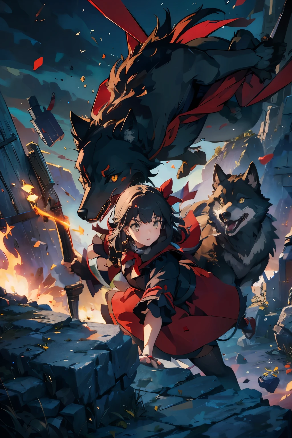 little Red Riding Hood，Hand holding bow and arrow，Attacking wolves，A black wolf and a gray wolf，Fighting，explode，Two wolves，Wearing a red cloak