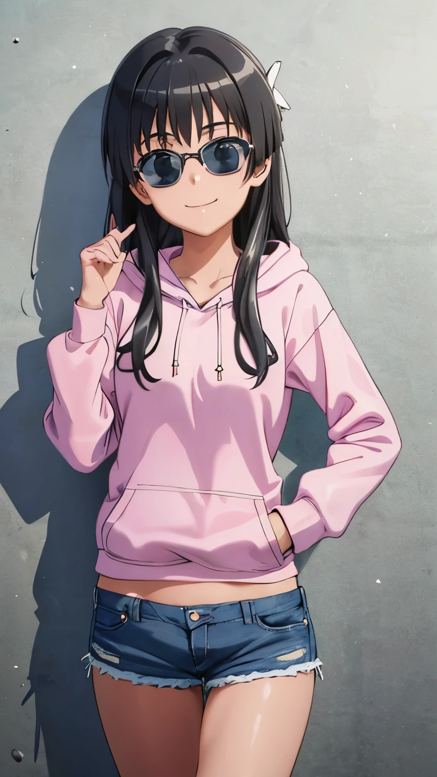 pixel perfect, Perfect in every detail, alone, 1 girl, Saten Ruiko, medium breasts,hoodie,Open the hoodie,belly button,shorts,sunglasses,smile,stylish pose,stylish angle,looking at the viewer,in the center of the image,cowboy shot,alone,