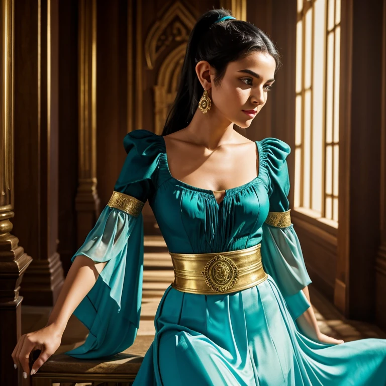 oil painting,young Elf woman, black hair slicked back in a high ponytail, She wears a sophisticated dress with a structured turquoise bodice adorned with bright gold trim, a flowing skirt with a bold slit, The skirt fabric is a deeper shade of turquoise, Sheer cream colored sleeves, Her pose and facial expression combined with the ambient lighting of the ancient room, made her the protagonist of a story steeped in knowledge and intrigue.