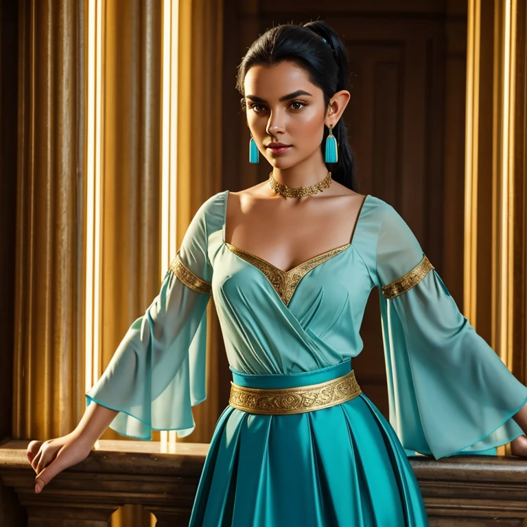 oil painting,young Elf woman, black hair slicked back in a high ponytail, She wears a sophisticated dress with a structured turquoise bodice adorned with bright gold trim, a flowing skirt with a bold slit, The skirt fabric is a deeper shade of turquoise, Sheer cream colored sleeves, Her pose and facial expression combined with the ambient lighting of the ancient room, made her the protagonist of a story steeped in knowledge and intrigue.