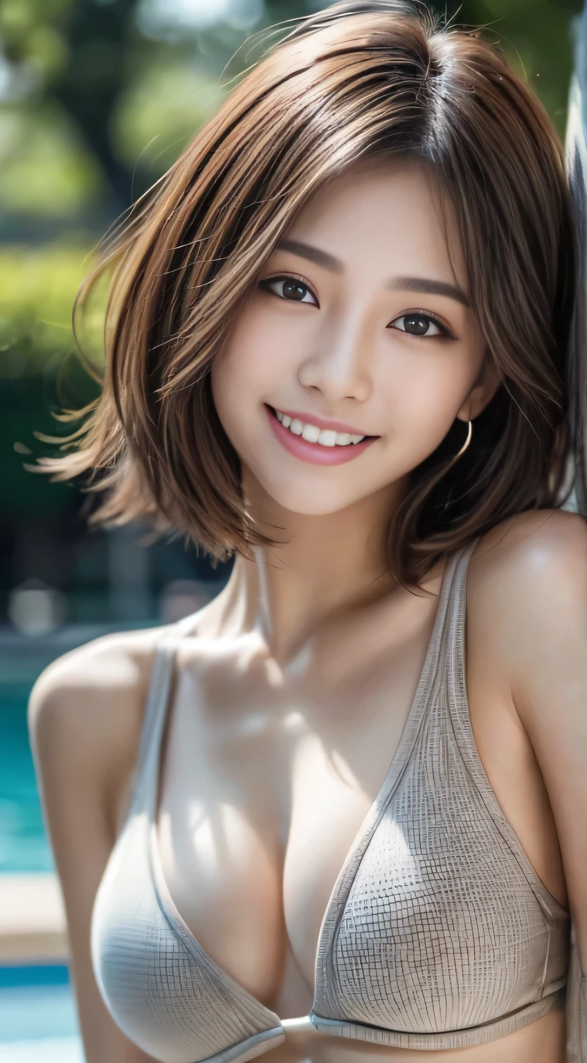 table top, highest quality, realistic, Super detailed, finely, High resolution, 8k wallpaper, 1 beautiful woman, Wearing stylish sleeveless clothing, on campus, light brown short messy hair, perfect dynamic composition, detailed and beautiful eyes, smile happily, perfect teeth visible, sharp focus, detailed skin texture, fine hair、swimsuit、Good