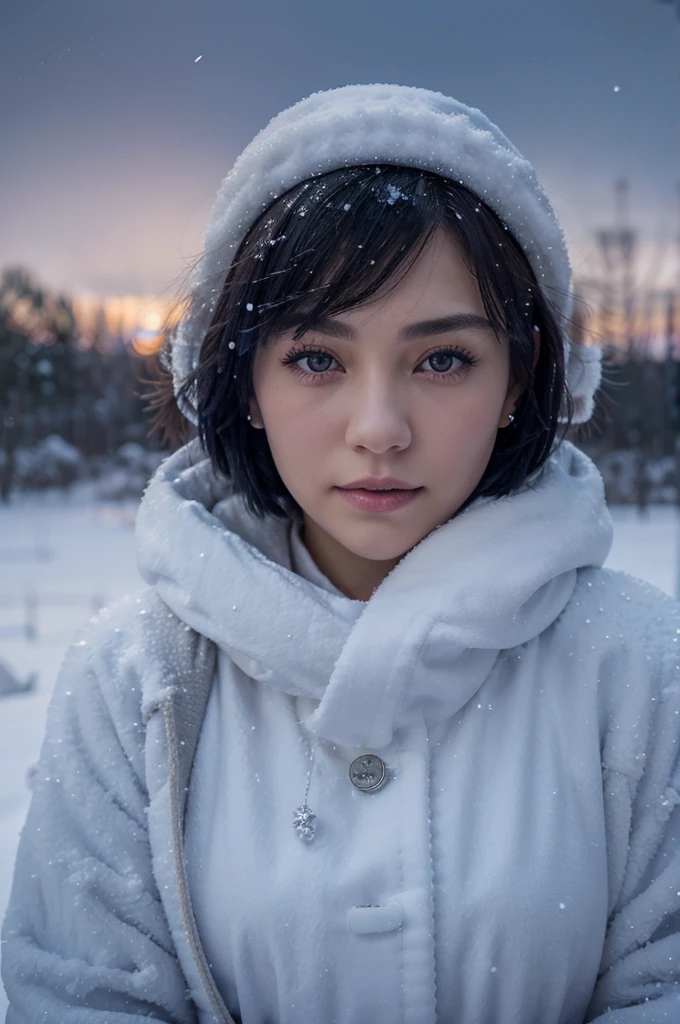 1 girl, (Winter clothes:1.2), beautiful japanese actress,
Looks great in photos, Yukihime, long eyelashes, snowflake earrings,
(Raw photo, highest quality), (reality, realistic:1.4), (pieces fly),
detailed and beautiful eyes, beautiful detailed lips, highly detailed eyes and face,
Blake is
(Frozen snow field in winter Lapland), (The last vestiges of the twilight sky:1.4),
mysterious beauty, snow covered tree, powder snow,
Snowy field landscape at dusk,
Indigo and dark vermilion color scheme, dramatic lighting, great atmosphere,
Blake is
Perfect Anatomy, Whole body slender, small breasts, (short hair:1.3), Angel'the smile of,
crystal-like skin, make eyes clear, catch light