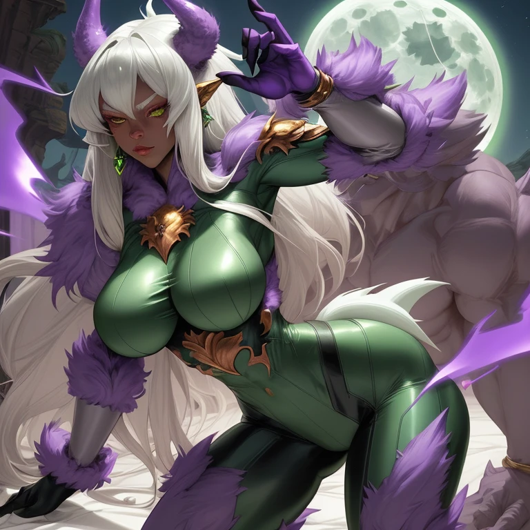 Beastman woman, silver hair, sexy green clothes, moonlight, purple flash, big breasts, dragon