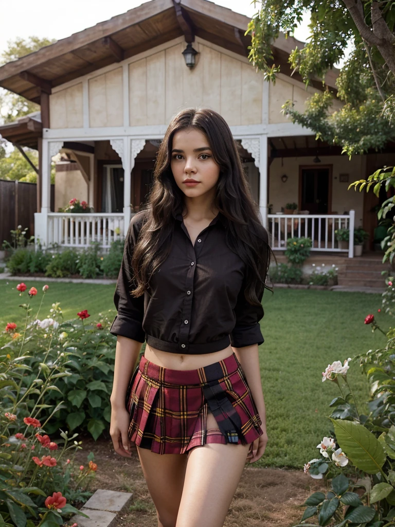 Young 15-year-old India Eisley, round, slightly plump face, Spanish type of beauty, long curly black hair, red lipstick, bored expression, contemptuous look, dark red shirt (dark red shirt: 1.2) break, black miniskirt with green plaid ((plaid skirt 1.3)) brea. He stands and looks around the garden near a small wooden one-story house. In the garden you can see roses, orchids and many other flowers.