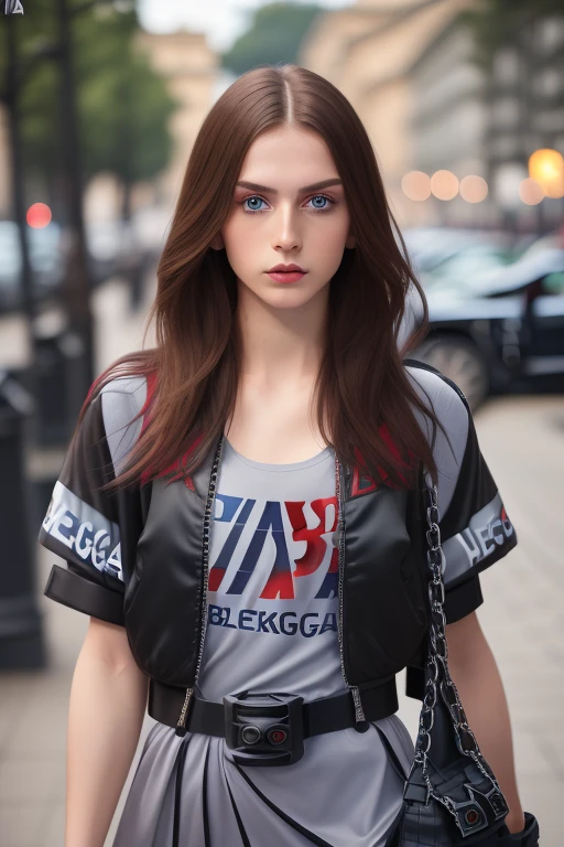 Professional RAW photo of 25 year old pale Russian young cute charismatic supermodel in (a fashionable women's casual dress t-shirt look in (Balenciaga style:1.55) and (constructivist style:1.4), in color (red:0,8), (blue:0.55), (gray:1.2), (black:1.1), (big pattern:1.2)), ((streets fashion style)), , goes to a cafe and park, amator, (detailed face), ((full length)), (high detail skin:1.3), 8k uhd, dslr, soft lighting, high quality, (high saturation:1.0), film grain, Fujifilm XT