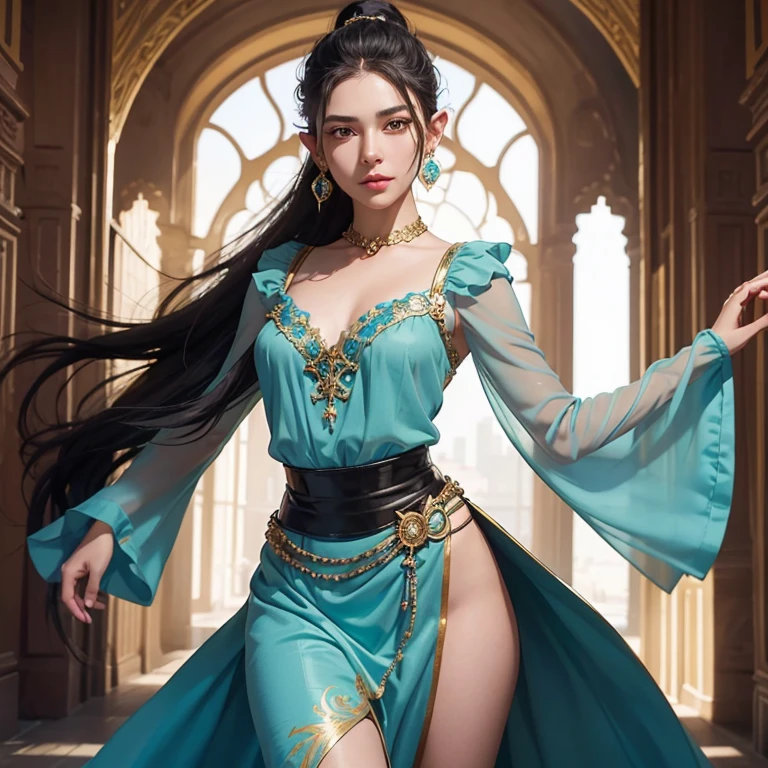 oil painting,young Elf woman, black hair slicked back in a high ponytail, She wears a sophisticated dress with a structured turquoise bodice adorned with bright gold trim, a flowing skirt with a bold slit, The skirt fabric is a deeper shade of turquoise, Sheer cream colored sleeves, Her pose and facial expression combined with the ambient lighting of the ancient room, made her the protagonist of a story steeped in knowledge and intrigue.