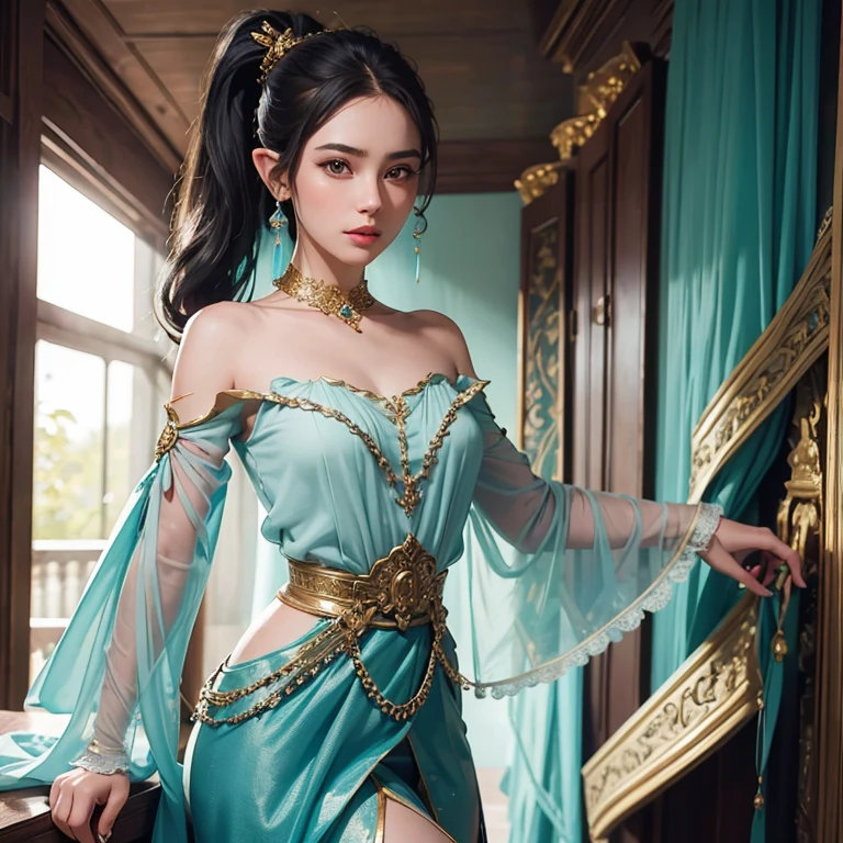 gufeng,bare shoulders, ((whole body)), ((from below)), ((gufeng,bare shoulders)), clear face, pretty face, 8K, masterpiece, original photo, best quality, detail:1.2,lifelike, detail, Very detailed, CG, Unite, wallpaper, depth of field, movie light, lens flare, Ray tracing, (extremely beautiful face, beautiful lips, beautiful eyes), complex, detail face, ((ultra detailed skin)), 1 girl, in the darkness, deep shadow, beautiful korean girl, kpop idol,(Very slim figure:1.3), plump breasts, Slender sexy legs, elegant posture, (bright smile), (City night, (neon lights), (night), beautiful korean girl, white diamond earrings, diameter bracelet, Dia Necklace, clear eyes, facing forward, (big eyes)