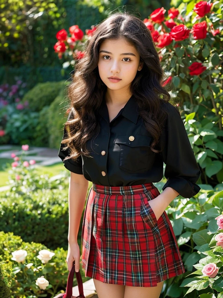 Young 15-year-old India Eisley, round, slightly chubby face, Spanish type of beauty, long curly black hair, red lipstick, bored expression, contemptuous look, dark red button-up shirt (dark red button-up shirt: 1.2) break, black miniskirt with green plaid ((plaid skirt 1.3)) brea. He stands and looks around the garden near a small wooden one-story house. In the garden you can see roses, orchids and many other flowers.