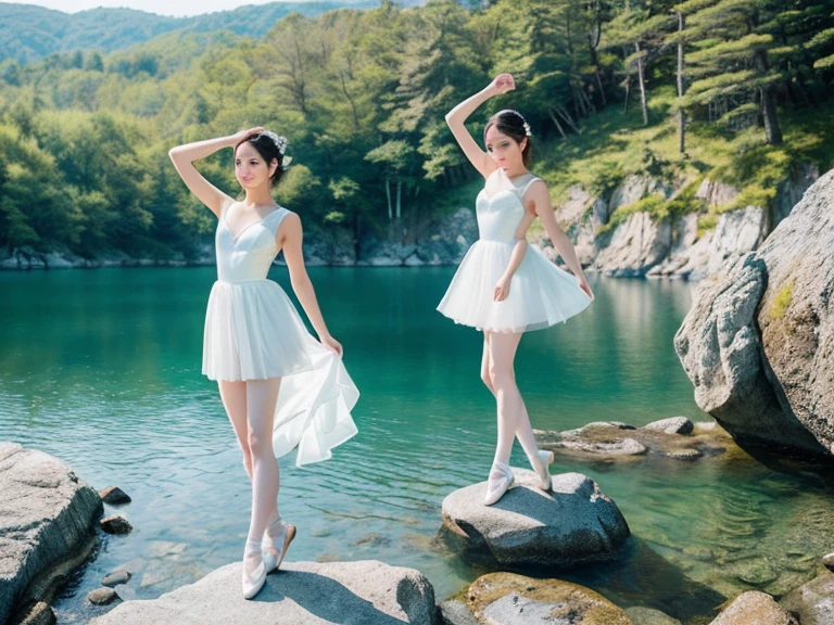 (a girl,best quality現,real pictures:1.4) (1 girl), (ultra high resolution:1.2), Very delicate and beautiful, wonderful, Highly detailed CG Unity 8k wallpaper, super detailed, High resolution, soft light, Beautiful and meticulous girl, Highly detailed eyes and faces, Beautifully detailed nose, Beautiful and delicate eyes,)( movie lighting, perfect anatomy, Slender figure,) (Standing with one left foot on the rock by the lake.Lift your right foot high. Delicate foot details)(Push your right hand forward.Stretch your left hand back.Delicate hand details)(Scene imitating the ballet Swan Lake). Smiling and dancing ballet towards the lake .best quality、masterpiece、超High resolution、(Photo realism:1.4)、original photo)(shadow、octane rendering、8K、Super sharp. realistic light)、 A beautiful Japanese girl wearing a white ballet costume,Standing on the rocks by the lake in the afternoon。Against the background of blue sky and heart-shaped lake。
