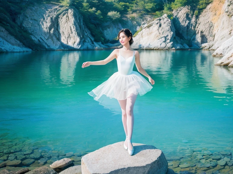 (a girl,best quality現,real pictures:1.4) (1 girl), (ultra high resolution:1.2), Very delicate and beautiful, wonderful, Highly detailed CG Unity 8k wallpaper, super detailed, High resolution, soft light, Beautiful and meticulous girl, Highly detailed eyes and faces, Beautifully detailed nose, Beautiful and delicate eyes,)( movie lighting, perfect anatomy, Slender figure,) (Standing with one left foot on the rock by the lake.Lift your right foot high. Delicate foot details)(Push your right hand forward.Stretch your left hand back.Delicate hand details)(Scene imitating the ballet Swan Lake). Smiling and dancing ballet towards the lake .best quality、masterpiece、超High resolution、(Photo realism:1.4)、original photo)(shadow、octane rendering、8K、Super sharp. realistic light)、 A beautiful Japanese girl wearing a white ballet costume，Standing on the rocks by the lake in the afternoon。Against the background of blue sky and heart-shaped lake。