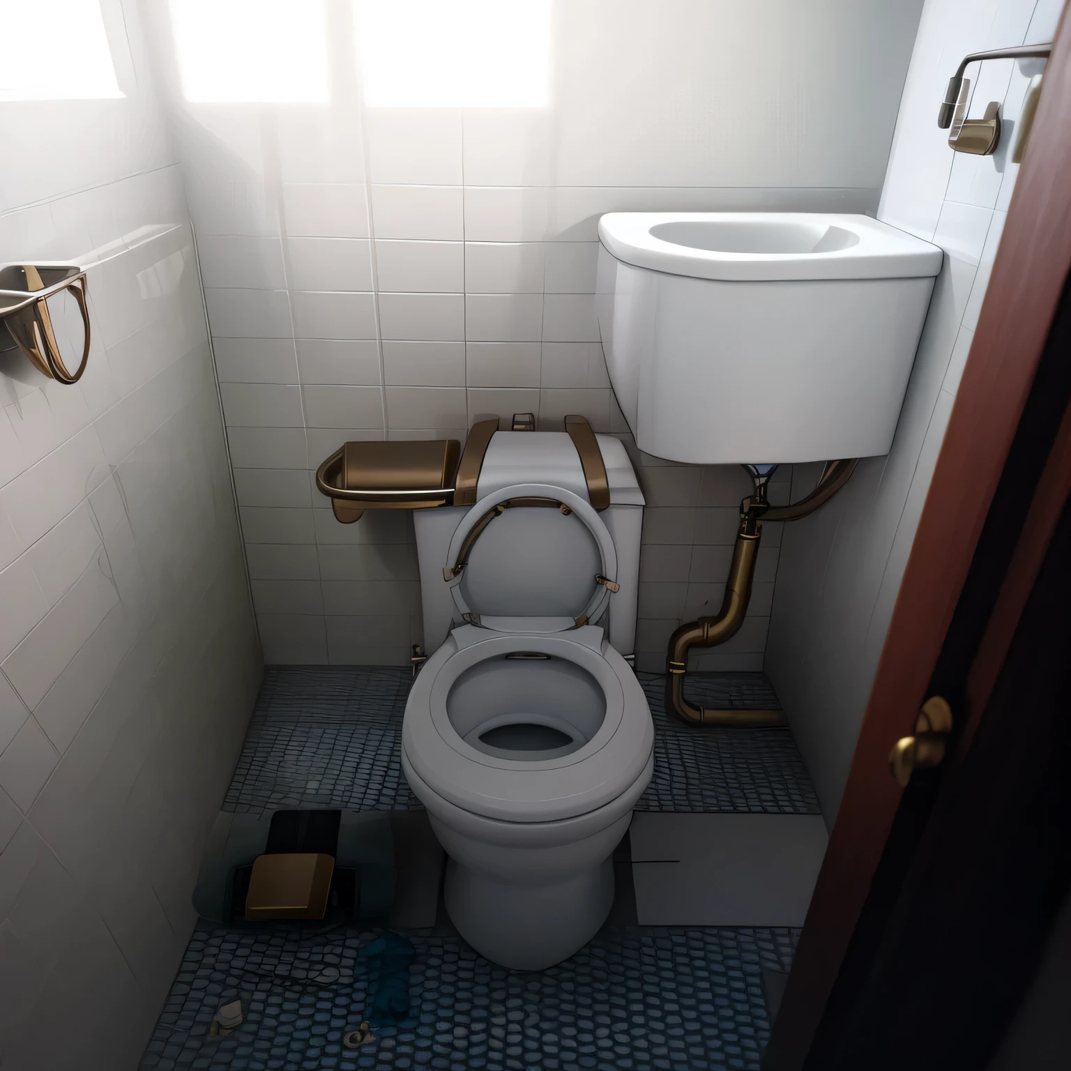 there is a toilet in a small bathroom with a tiled floor, an upside down urinal, toilet, gaming toilet, the toilet is shiny, broken toilets, siting on a toilet, gaming chair as a toilet, between two chairs over a toilet, in bathroom, unsanitary, there is full bedpan next to him, in a bathroom, golden toilet