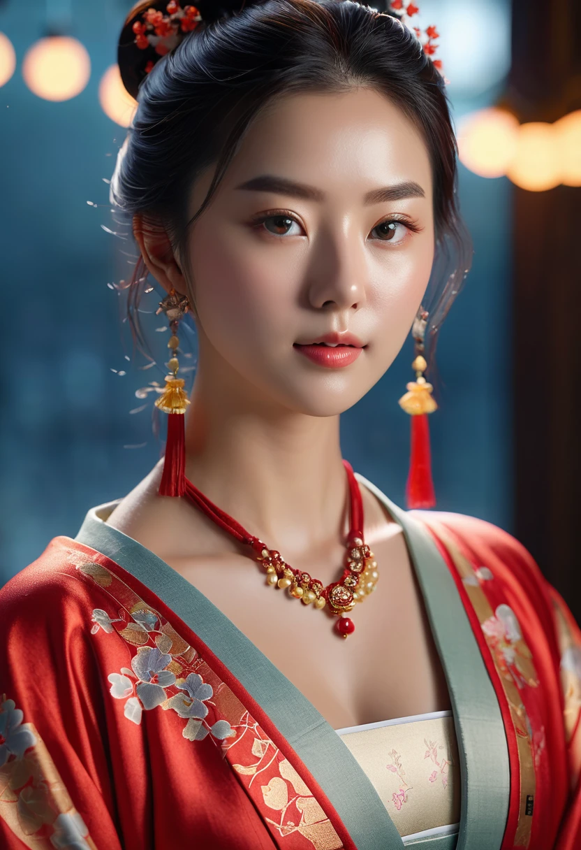 [:( Highly detailed face:1.2):0.1], (8k, RAW photograph, best quality, skill:1.2), (realistic, photograph-realistic:1.37), (((go back))),((upper body)), best quality, HDR, movie light, natural light, best quality, Masterpiece, high resolution, 1 girl, soft, decorationsผม, necklace, decorations, Beautiful face, body, Tyndall Effect, realism,, Edge lighting, Duo tone light, 8k UHD, DSLR, soft light, High quality, Volumetric lighting, photograph, high resolution, 4k, 8k, Bokeh, ((Hanfu)),