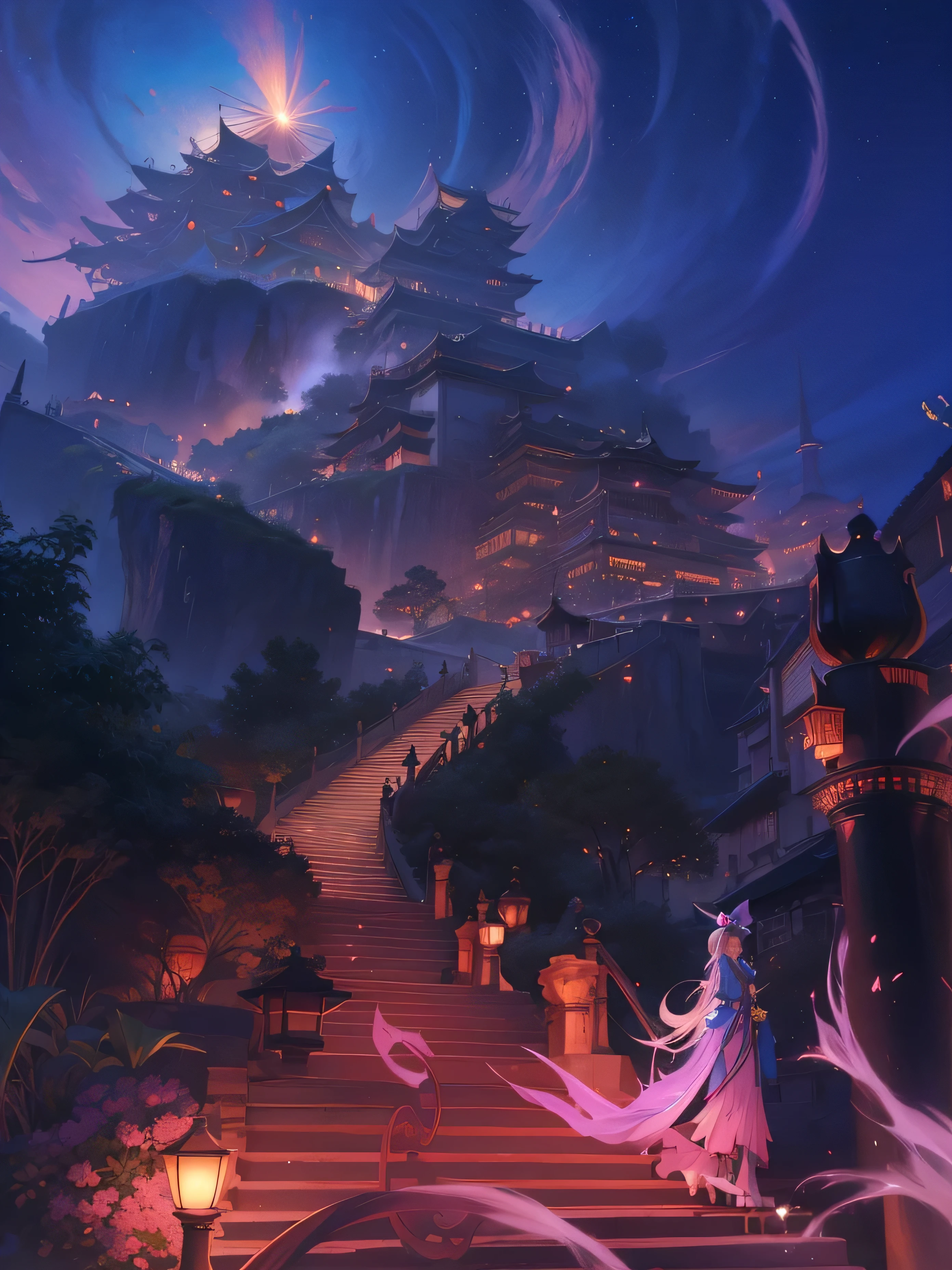 anime girl with a hat and a long dress standing on a stairway, 2. 5 d cgi anime fantasy artwork, anime fantasy artwork, anime fantasy illustration, anime epic artwork, anime scenery concept art, concept art magical highlight, onmyoji detailed art, colorful concept art, beautiful anime scene, heroine japan vivid landscape, concept art stunning atmosphere, beautiful anime artwork octane