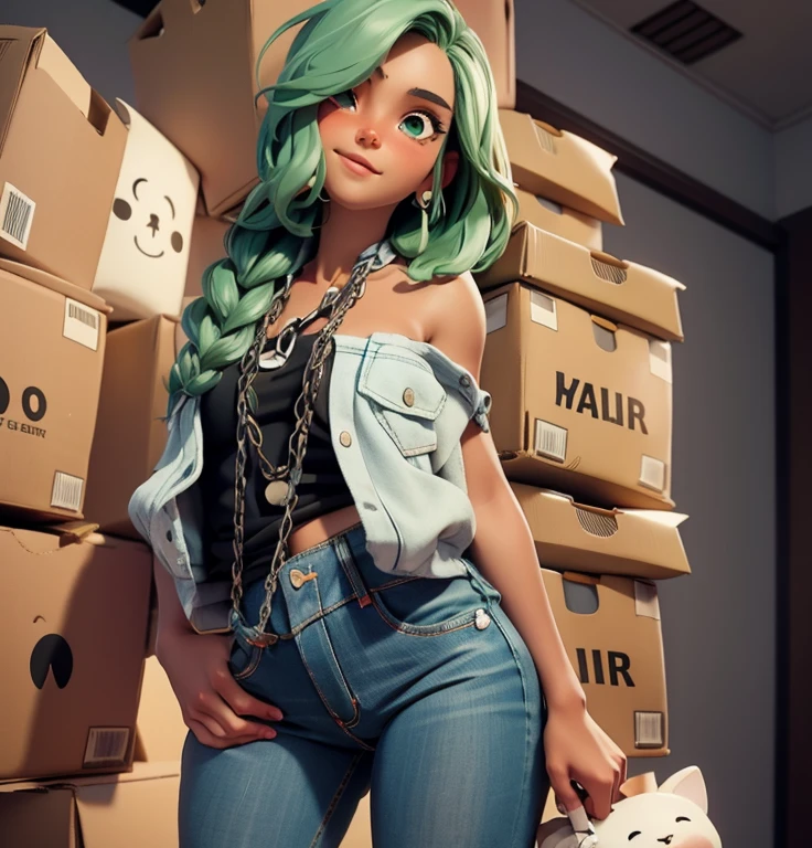 works of art, better quality, detailed face, fine eyes, sharp focus, 3D rendering. whole body, beautiful chibi girl, cute smile, ((Tanned skin tone)), short green hair, wavy , tomboy, slim body shape, black clothes, that&#39;s why, long sleeve shirt, (((Wide bottom jeans))), Large sneakers, (((Formal pose with cardboard box))), (face focus:1.3).