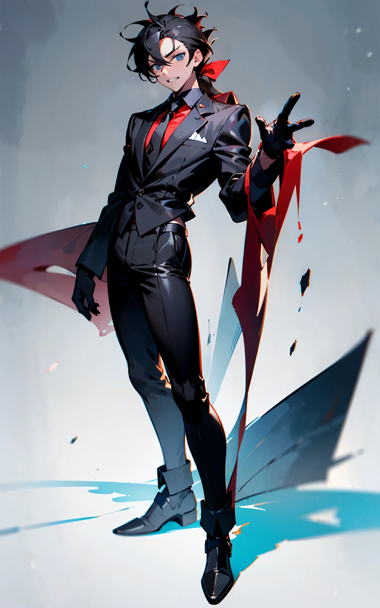 best-quality,one-boy, artificial-leg, red-business-shirt ,black-necktie,soulless big eyes,blue eyes,jagged teeth,Brown skin,Oblique wounds on the face,205 cm tall,black glove,Low ponytail,Young boys,A full-body character facing the front,simple background,standing pose,No props,no object
