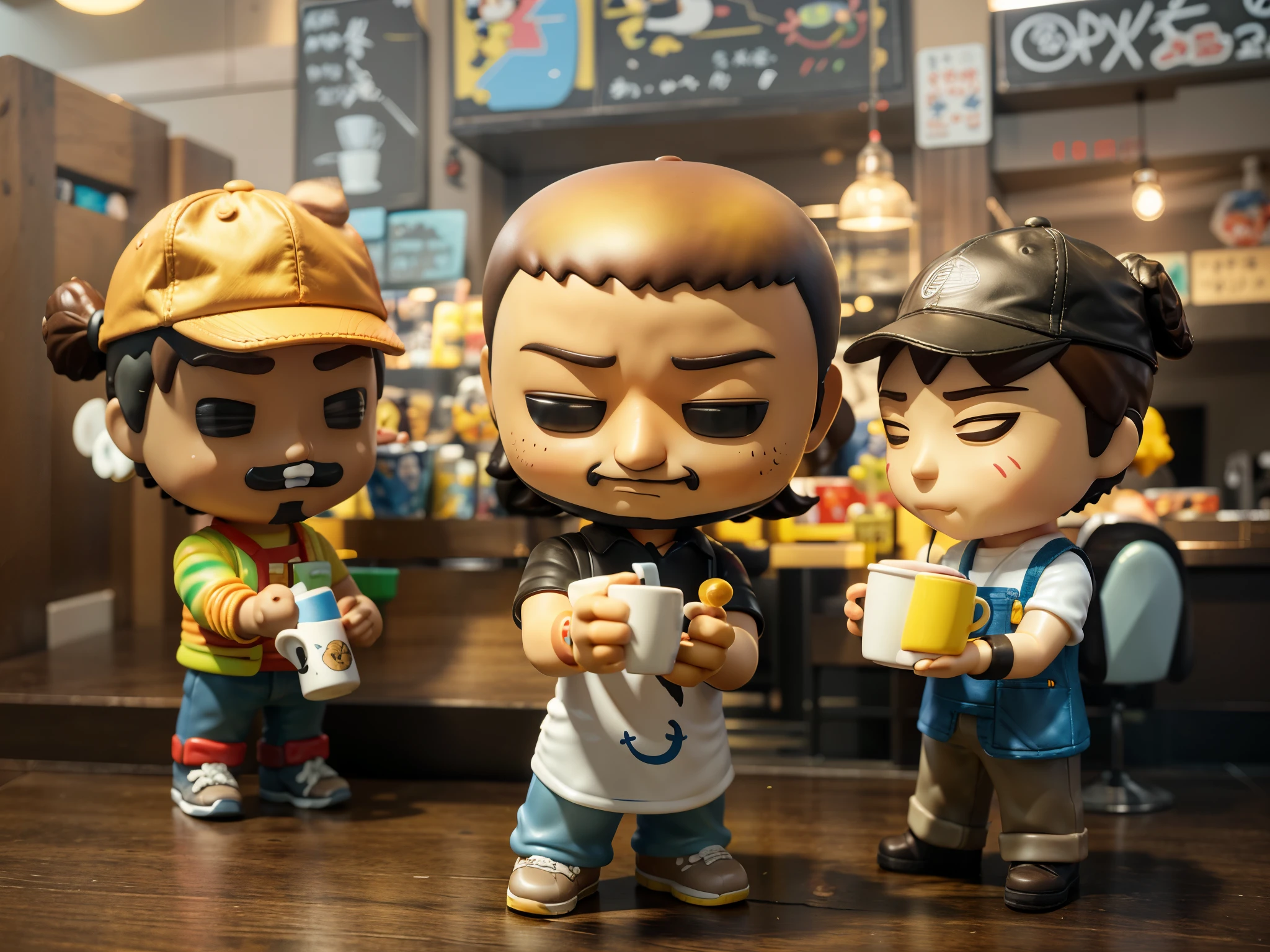 three toy figures of a man , Kenny Wong x pop mart, style as nendoroid,coffee shop ,cozy vibe,studio light