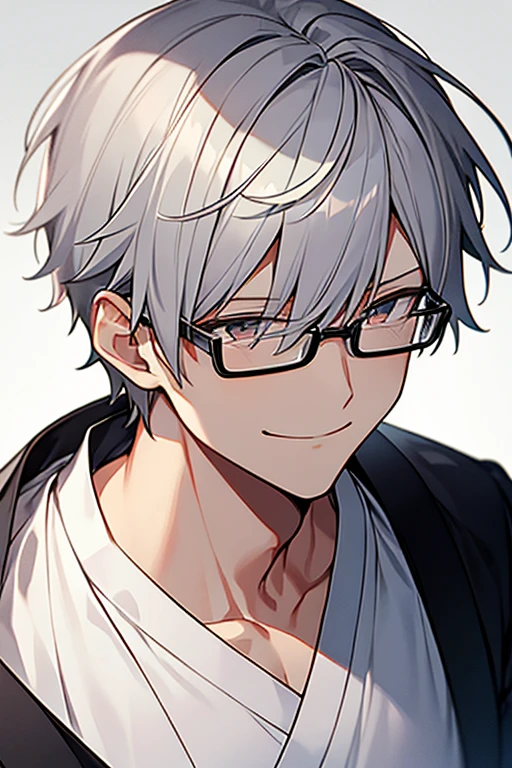 1 male,gray hair, upper body,japanese male, male focus,smile,closed mouth,light background,wearing a glasses,anime,very short hair,white shirt