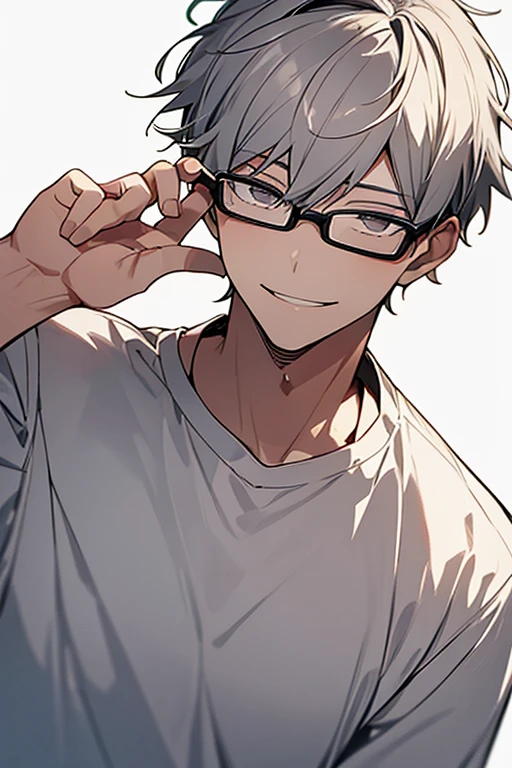 1 male,gray hair, upper body,japanese male, male focus,smile,closed mouth,light background,wearing a glasses,anime,very short hair,white shirt