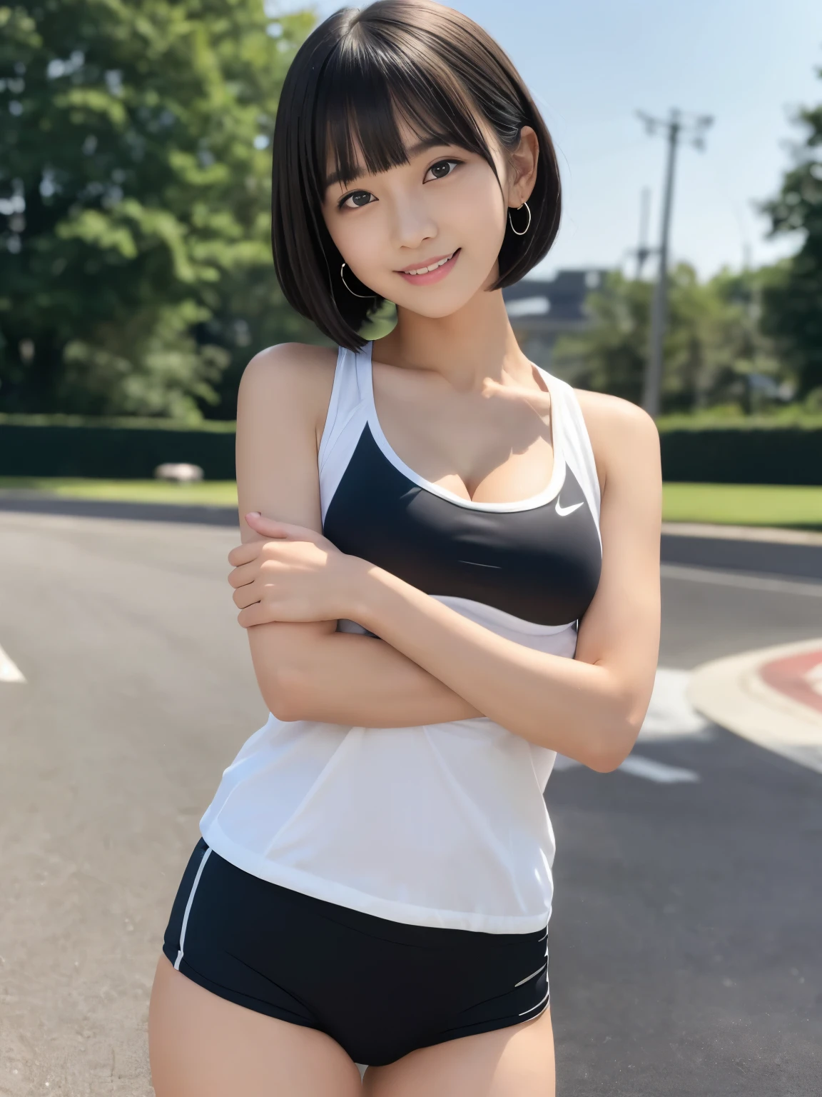 (Masterpiece, Best-quality, RAW-photo, Ultra-High-Resolution, Photorealistic, Very realistic human skin, Perfect and detailed human fingers, Sense of reality, Anatomically correct, ), 
(Thin waist and busty style body, Cleavage, 17-years-old, Realistic Japanese girl, short height), 
((running wear, running shoes)), 
((full length, standing, See photographer, look at viewer, fold hands behind body, head tilt:1.3)), 
(maiko, Round face, Black hair, Black eyes, Moist eyes, Shining eyes, Short bob cut, Bangs, Down-slating eyebrows, one little earring), 
(goddess smile), 
(sports ground)
bright lighting