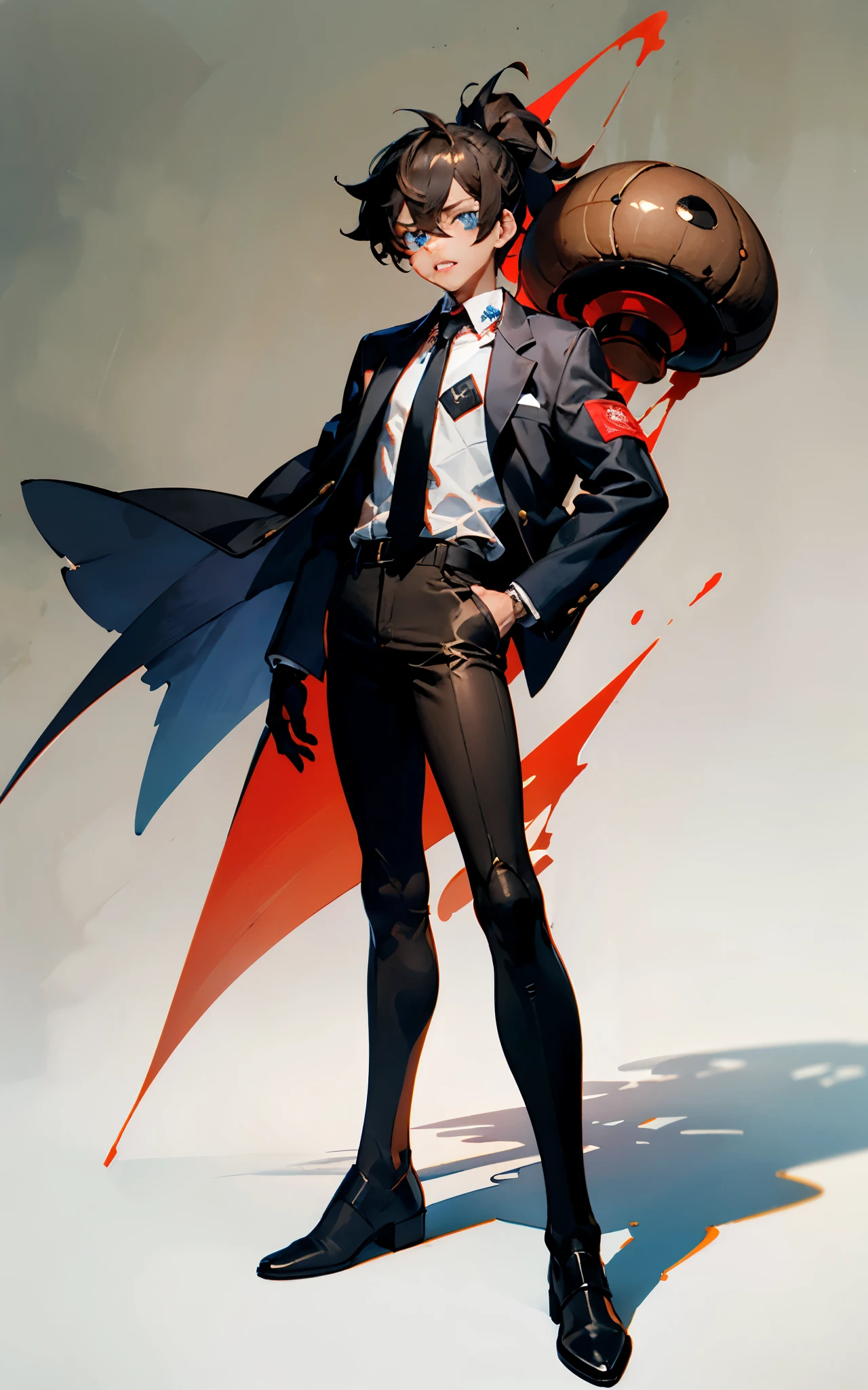 best-quality,one-boy,artificial-leg,Red business shirt ,black-necktie,soulless big eyes,blue eyes,jagged teeth,Brown skin,Oblique wounds on the face,205 cm tall,black glove,Low ponytail,Young boys,A full-body character facing the front,simple background,standing pose,No props