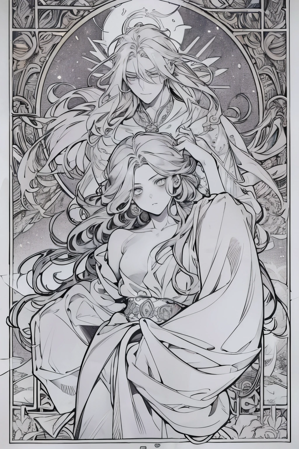 masterpiece, best quality, black and white coloring book page for adults, modern moody manhwa style, on one side is a fierce beautiful maiden with long wavy hair and bright big eyes in a crimson sheer gown looking deep into the guardian angel's eyes - magic bursting forth from her. on the side of her is a very tall and strong guardian angel male with very short cascading hair, and deep loving eyes, and large angel wings, heavenly realm castle in the background; fine line art, emotional depth, serene disquietude, celestial fashion, elaborate textile patterns, Alfons Mucha style border around the whole page