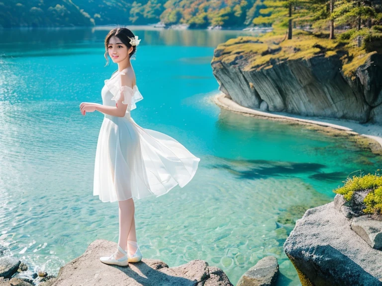 (a girl,best quality現,real pictures:1.4) (1 girl), (ultra high resolution:1.2), Very delicate and beautiful, wonderful, Highly detailed CG Unity 8k wallpaper, super detailed, High resolution, soft light, Beautiful and meticulous girl, Highly detailed eyes and faces, Beautifully detailed nose, Beautiful and delicate eyes,)( movie lighting, perfect anatomy, Slender figure,) (Standing with one left foot on the rock by the lake.Lift your right foot high. Delicate foot details)(Push your right hand forward.Stretch your left hand back.Delicate hand details)(Scene imitating the ballet Swan Lake). Smiling and dancing ballet towards the lake .best quality、masterpiece、超High resolution、(Photo realism:1.4)、original photo)(shadow、octane rendering、8K、Super sharp. realistic light)、 A beautiful Japanese girl wearing a white ballet costume,Standing on the rocks by the lake in the afternoon。Against the background of blue sky and heart-shaped lake。