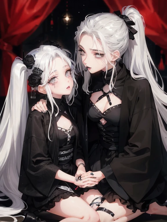 Two women kisasterpiece, best quality, high quality, ultra detailed, 1girl, looking at viewer, white hair, gray eyes, black lipstick, black shirt, sitting on a white floor, demon girl, gothcore, 1 7 - year - old, goth girl, japanese gothic, gothic punk style, black metal style, hands on head,.yurikiss、Girl kissing girl、