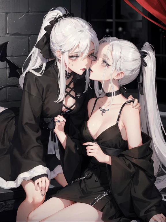 Two women kisasterpiece, best quality, high quality, ultra detailed, 1girl, looking at viewer, white hair, gray eyes, black lipstick, black shirt, sitting on a white floor, demon girl, gothcore, 1 7 - year - old, goth girl, japanese gothic, gothic punk style, black metal style, hands on head,.yurikiss、Girl kissing girl、