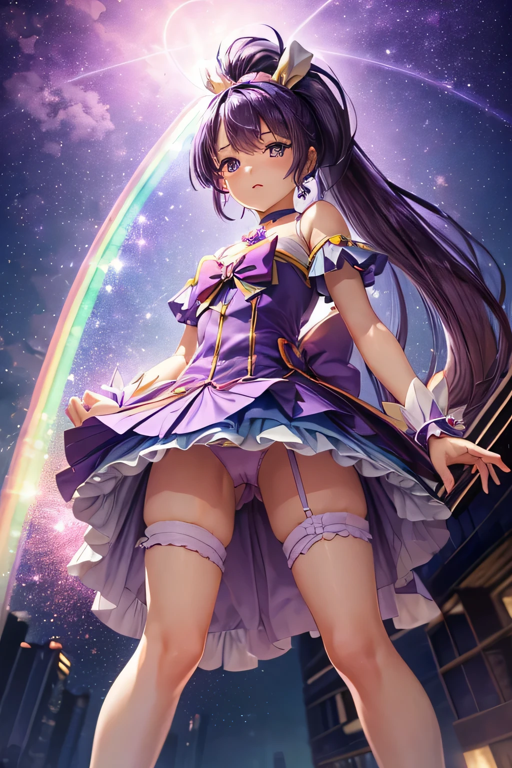 (((Panty shot)))、mini skirt、(((Rainbow Magical Girl Costume))、Beauty、(((Purple Hair Ponytail)))、((whole body))、(((photo taken from below)))、night sky