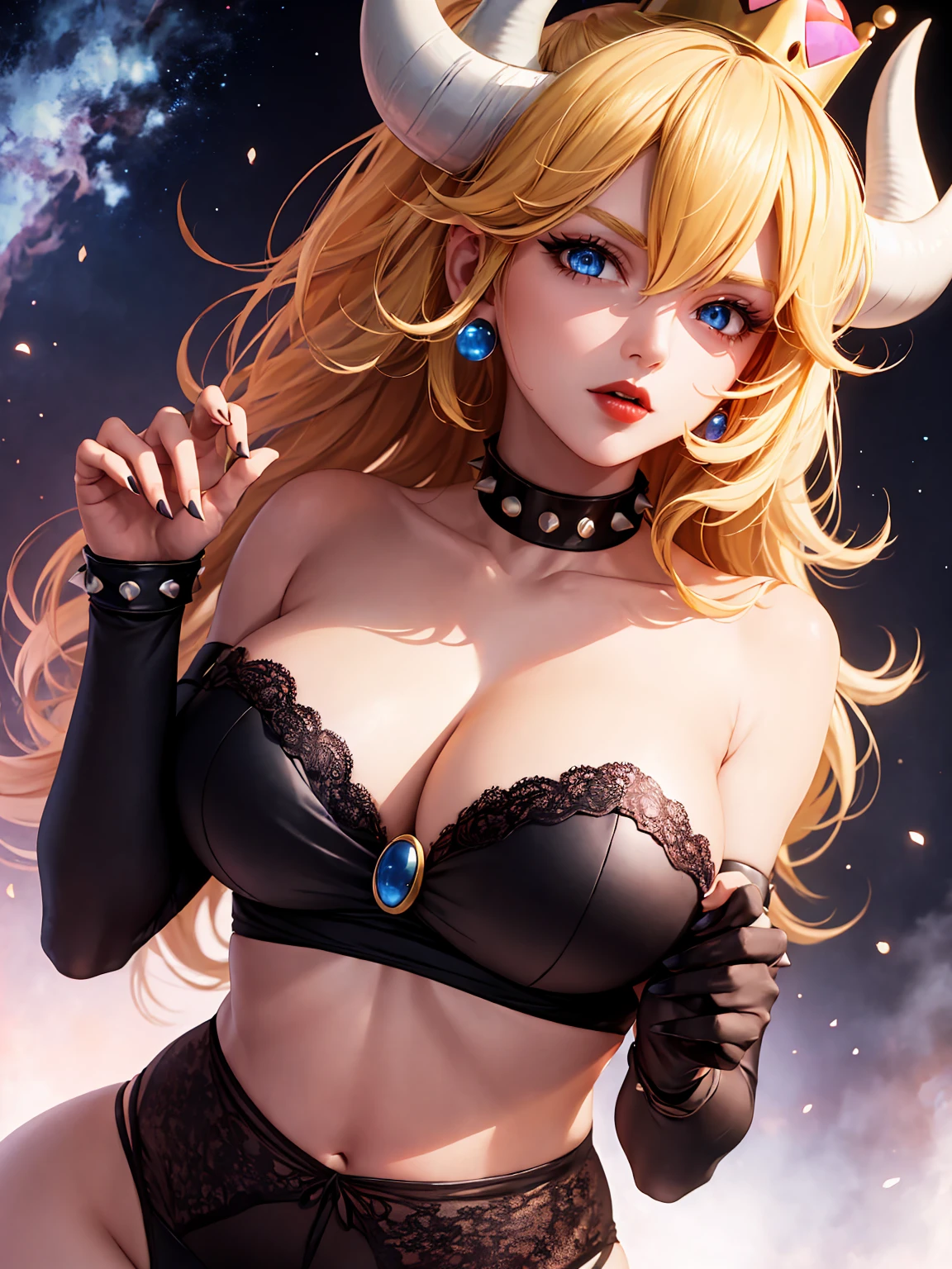 ((high detailed, best quality, 4k, masterpiece, hd:1.3)), ((best quality)), (((HD))), (((8k))), (ultraDH), (ultra HD), Princess Daisy, blue eyes, BREAK blue eyes, seductive, attractive, smooth anime cg art, 36C breasts, long legs, vivid colors, detailed digital art, slim body, perfect skin, dark blonde hair, long hair, blonde hair, blonde hair, BREAK crown, cleavage, 36C cleavage, looking at viewer, BREAK looking at viewer, extremely detailed face, red santa suit, red santa claus suit, santa claus suit, earrings, gem, dark black makeup lips, dark gothic eyeshadows, dark eyeshadows, black eyeshadows, black sexy lips, black lips, (dark:1.2), dark lips, very dark lips, (perfect hands, perfect anatomy), black makeup, black medium lips, black thick lips, detailed fingers, five fingers per hand, 5 fingers, (1 girl), detailed lips, detailed black lips, black painted lips, gothic painted lips, BREAK night, night sky, (breast focus), (arms outstreched:1.2), (from above:1.1), (breasts out:1.3), (off shoulder:1.1), (white horns), (bra), inside a lava castle, she inside a sea of lava, she bathing in lava,