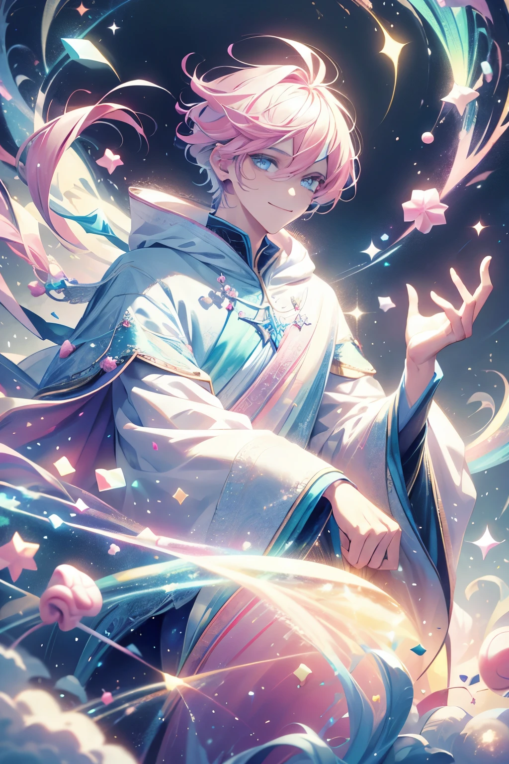 Solo, Male, masterpiece, highres, short hair, candy, pastel colors, pink hair, blue eyes, white cloak, magic, smile facial