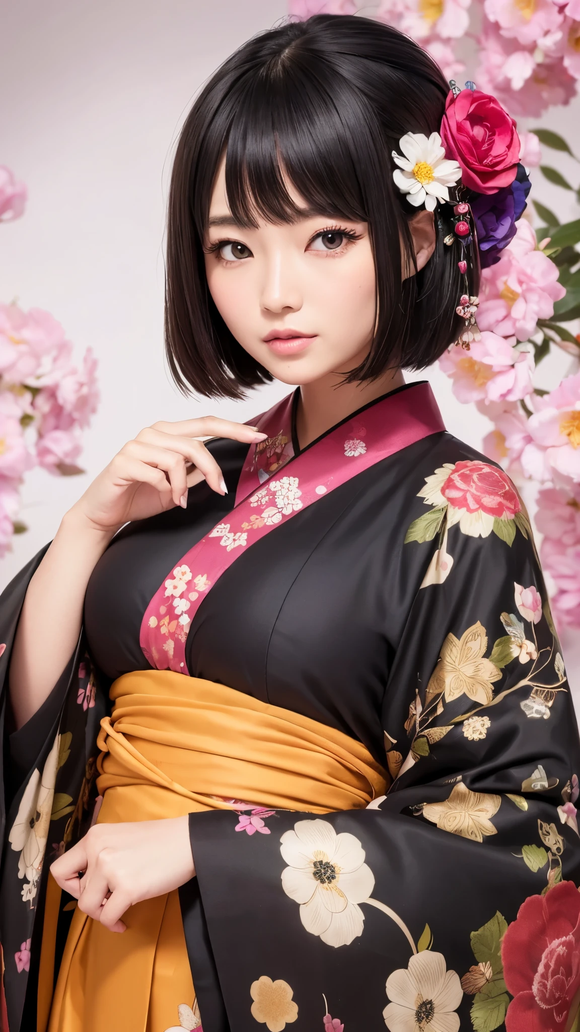 ((highest quality)), ((8k)), (detailed face), (highlight), Asian、woman、Big breasts、bangs、black hair、Colorful kimono with patterns、