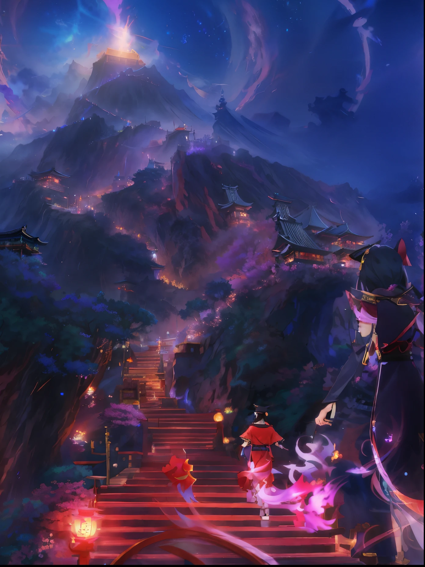 anime girl with a hat and a long dress standing on a stairway, 2. 5 d cgi anime fantasy artwork, anime fantasy artwork, anime fantasy illustration, anime epic artwork, anime scenery concept art, concept art magical highlight, onmyoji detailed art, colorful concept art, beautiful anime scene, heroine japan vivid landscape, concept art stunning atmosphere, beautiful anime artwork