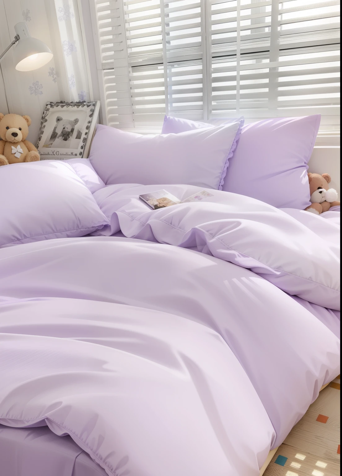 purple bedding with a teddy bear on top of it, light purple, violet, dreamy soft, pastels, soft. high quality, bright pastel color, bright soft colors, detailed image, h 576, soft - warm, soft color, pastel color, single color, with soft pink colors, lilac, purple, rich pastel colors, soft mood, in pastel colors