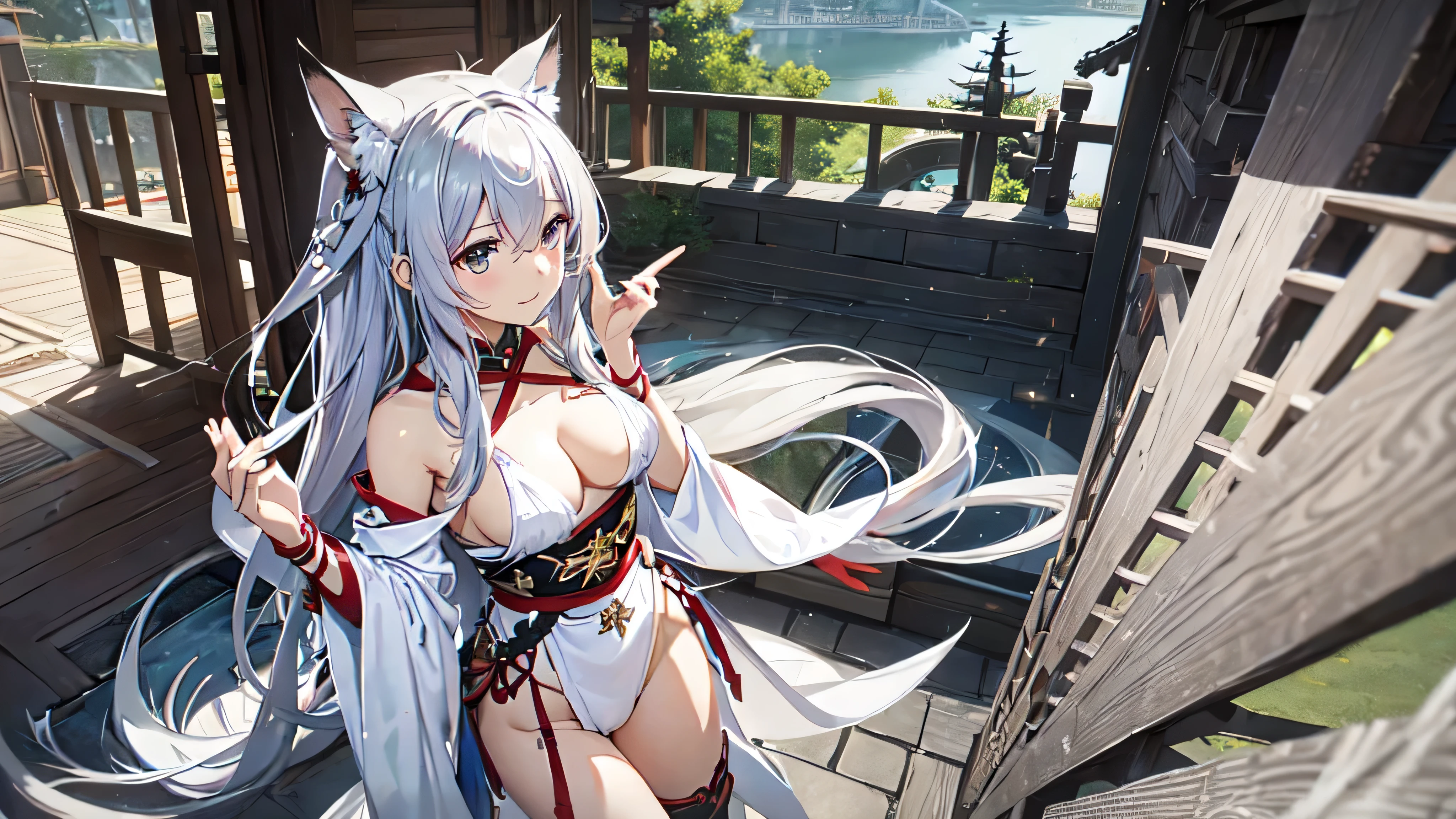 lily、gray hair、Fox、warrior、shrine、long hair、small breasts、highest quality,woman、Completely naked、Miko costume