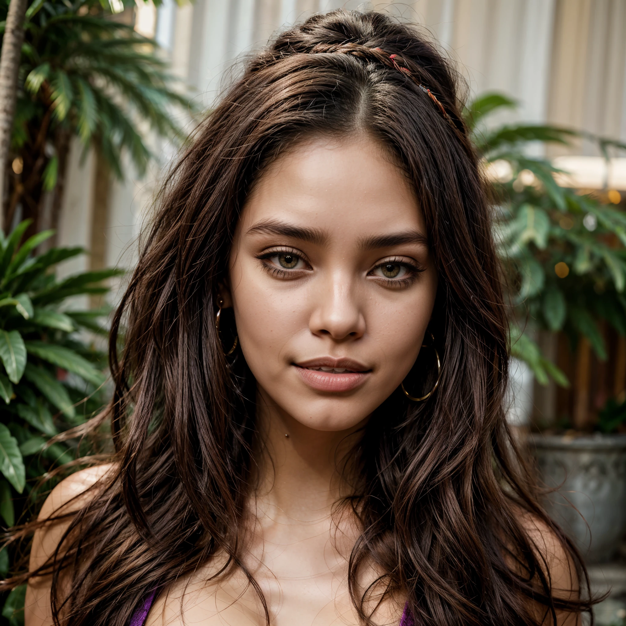 beautiful, young adult, mixed race (Caribbean, Indian, Afro-Trinidadian), luscious, influencer, female, portrait photo, long hair, streaked hair, brown hair, purple hair, asymmetrical hair, wavy hair, eyewear on head, sunglasses, jewelry, longeyelashes, sparkling eyes, earrings, seductive smile, naughty, happy, Surrealism, Social realism, Hyperrealism, cinematic lighting, blending, drop shadow, social media composition, close-up, Eye-Level Shot, f/16, 135mm, Canon, UHD