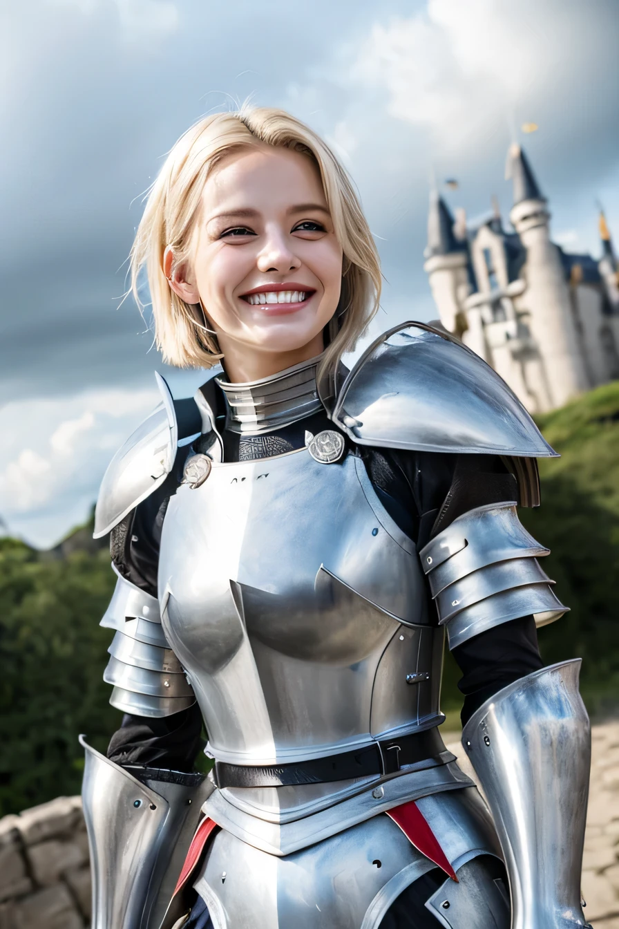8K、highest quality、female knight、The background is a castle、Luxurious Silver Armor、heavy equipment、hairstyle short cut、smile、beautiful teeth、full body photo、ear piercing、white woman、blonde hair、blue eyes、Gummy Smile、The background is a cloudy sky