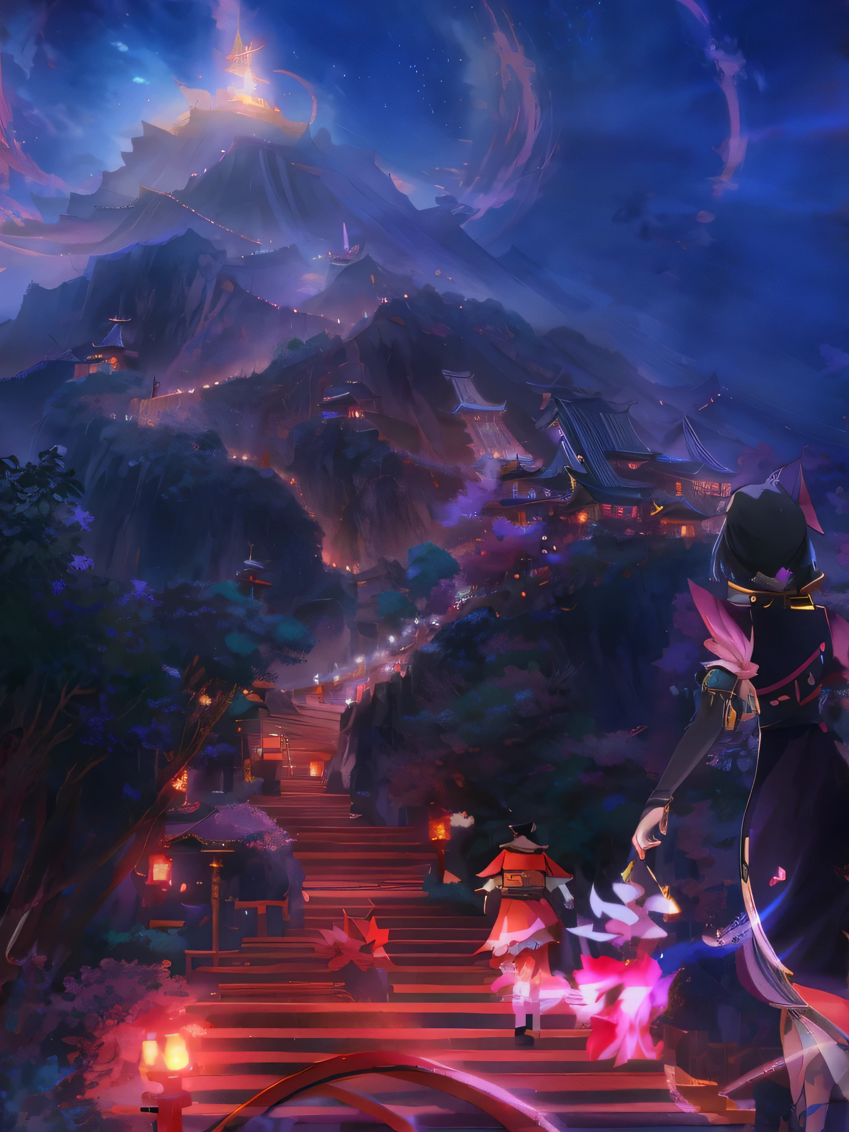 anime girl with a hat and a long dress standing on a stairway, 2. 5 d cgi anime fantasy artwork, anime fantasy artwork, anime fantasy illustration, anime epic artwork, anime scenery concept art, concept art magical highlight, onmyoji detailed art, colorful concept art, beautiful anime scene, heroine japan vivid landscape, concept art stunning atmosphere, beautiful anime artwork