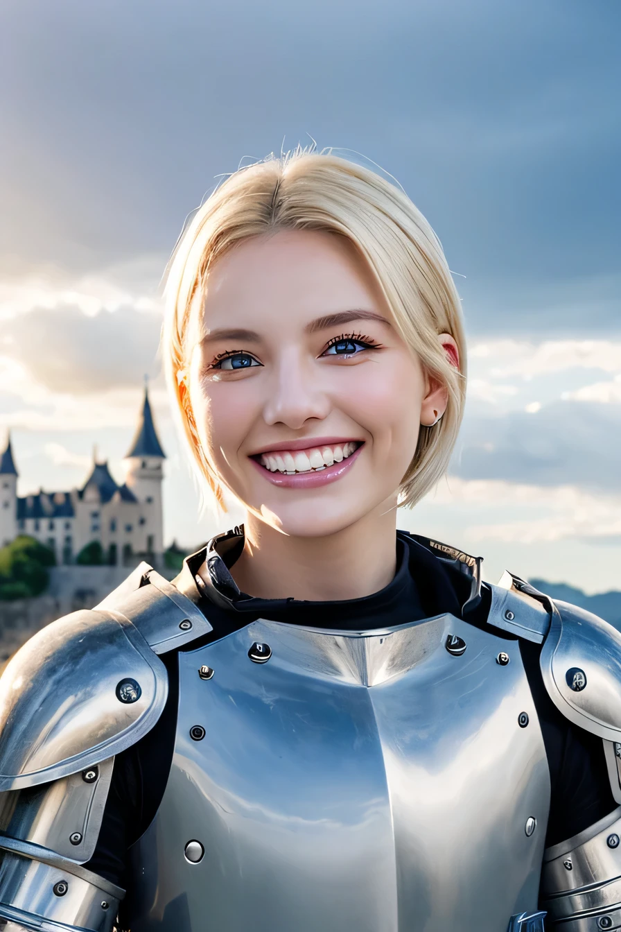 ８Ｋ、highest quality、female knight、The background is a castle、Luxurious Silver Armor、heavy equipment、hairstyle short cut、smile、beautiful teeth、full body photo、ear piercing、white woman、blonde hair、blue eyes、Gummy Smile、The background is a cloudy sky